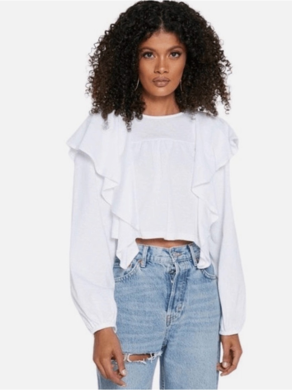 Topshop White Ruffle Cropped Long-Sleeve Top 100% Cotton (8)